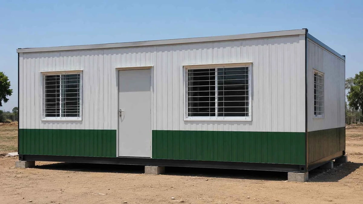 White and green MS porta cabin at a clean Bhubaneswar IT or industrial campus site
