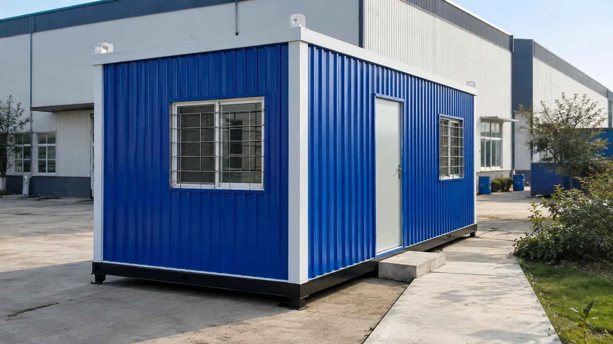Royal blue MS porta cabin with front walkway for a Dehradun industrial plot
