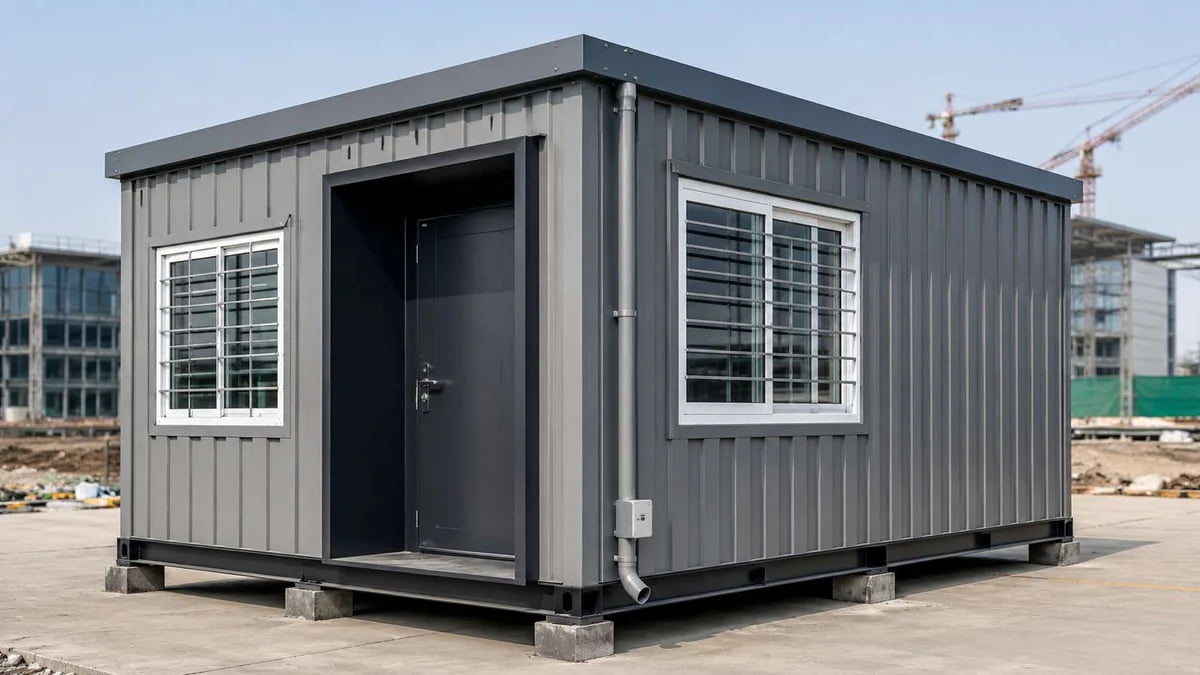 Arctic grey MS porta cabin with recessed entrance for a Guwahati project site