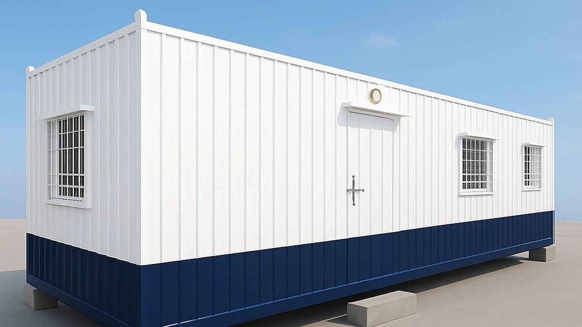 Porta cabin in Visakhapatnam — blue MS steel-frame unit by SAMAN, dispatched from Bangalore