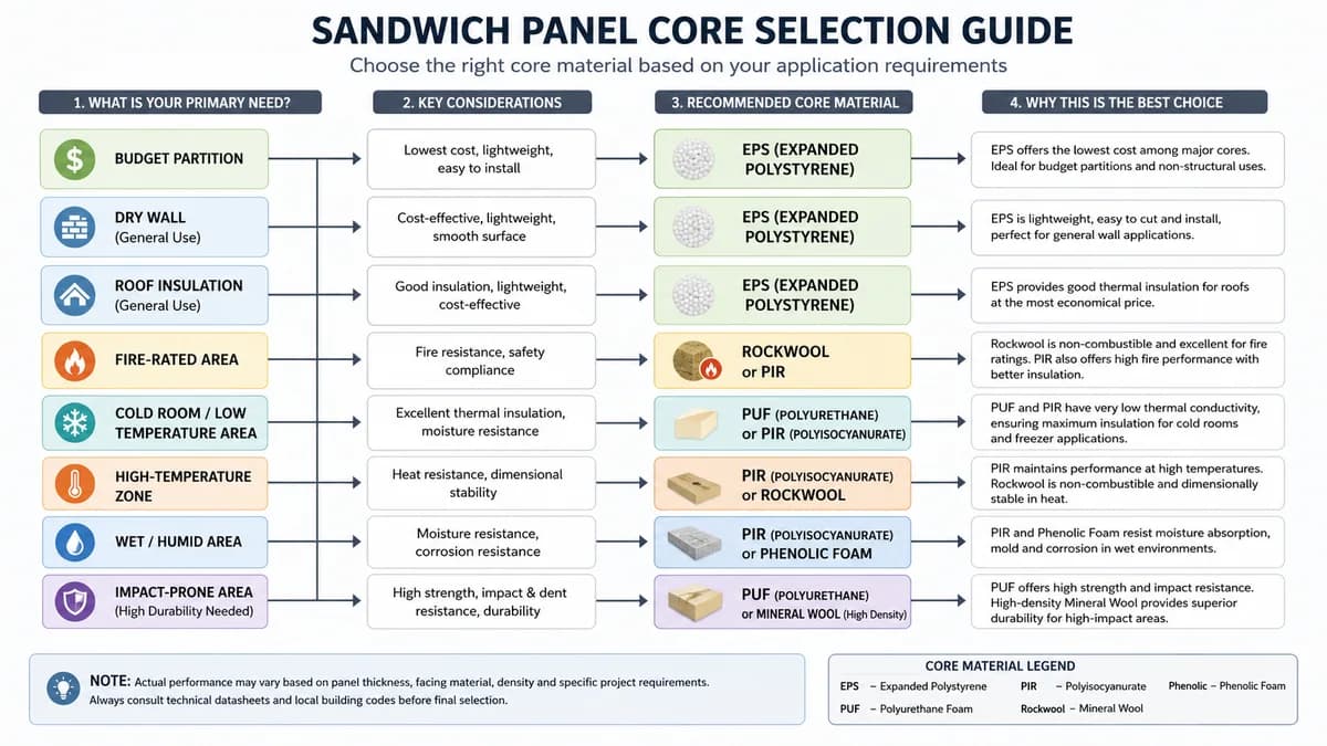 EPS panel core-selection decision map Decision map showing when to choose EPS panels and when to move to PUF, PIR or Rockwool
