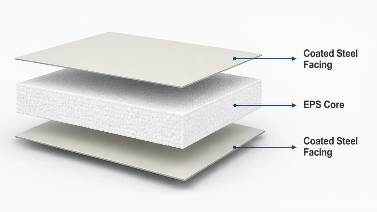 EPS sandwich panel three-layer construction diagram Diagram of EPS sandwich panel three-layer construction: steel facing, EPS core, steel facing