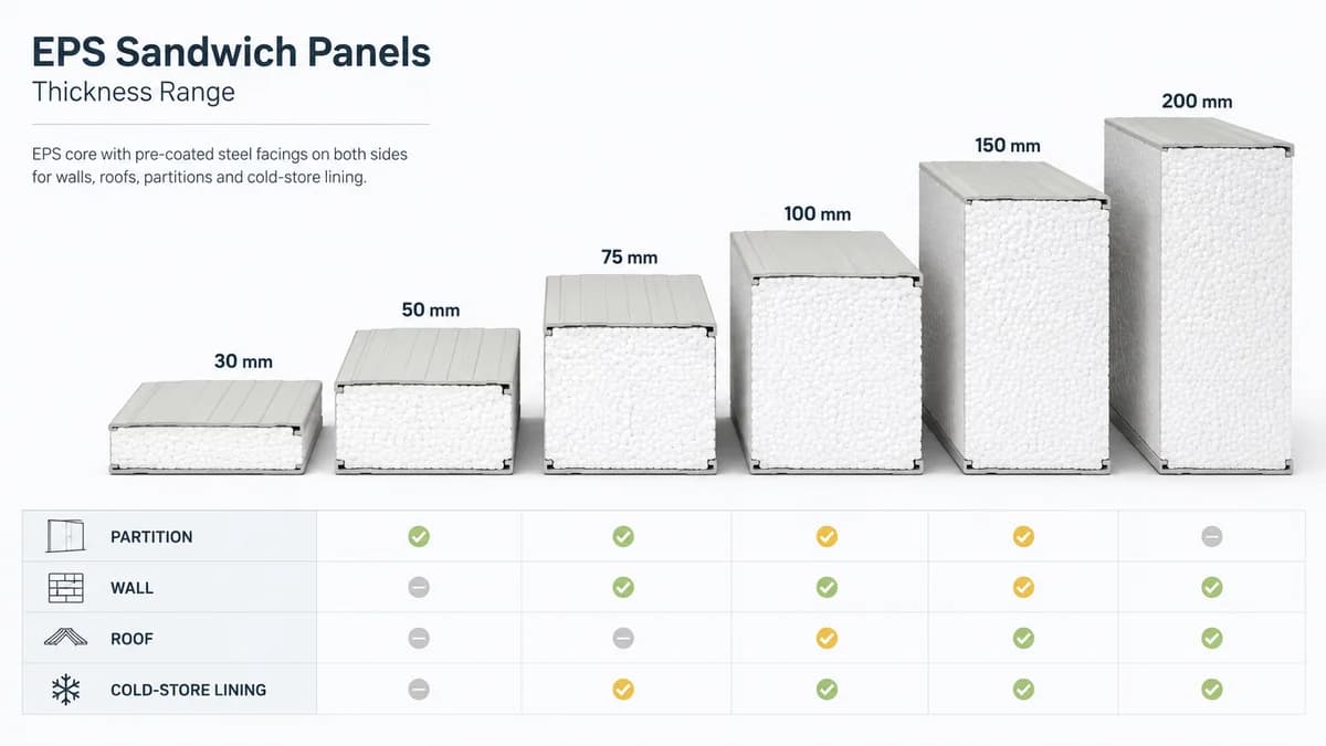 EPS panel thickness range diagram Diagram of EPS panel thickness range from 30 mm to 200 mm with use tags