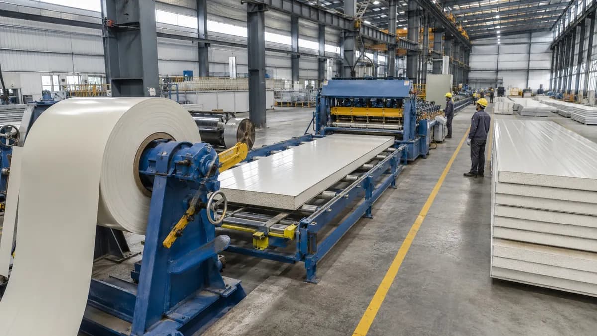 EPS sandwich panel production line, Bangalore EPS sandwich panels on a SAMAN production line in Bangalore