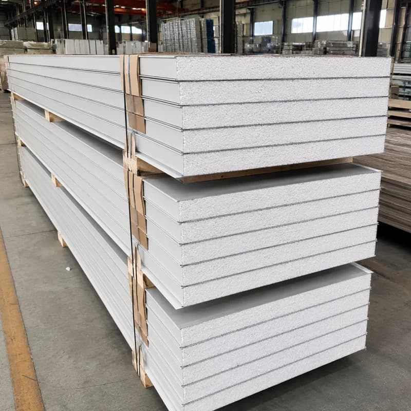 EPS sandwich panel factory stack Stack of SAMAN steel-faced EPS sandwich panels with visible white EPS core
