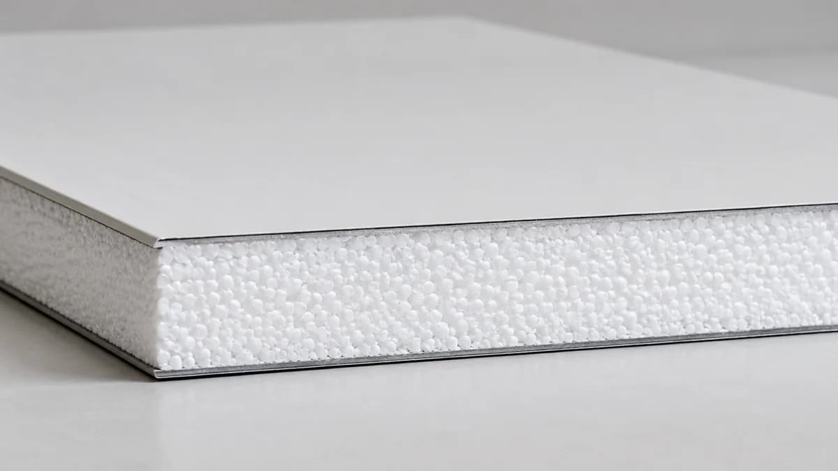 EPS sandwich panel cross-section Cross-section of a SAMAN EPS sandwich panel showing white EPS core between two coated steel sheets