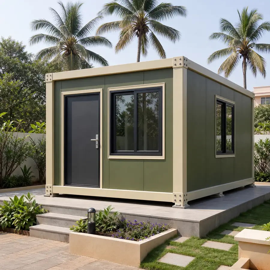 20x10 ft ft flat-pack container home, front left three-quarter view with the entrance door visible and the bolted corner posts on the near corner
