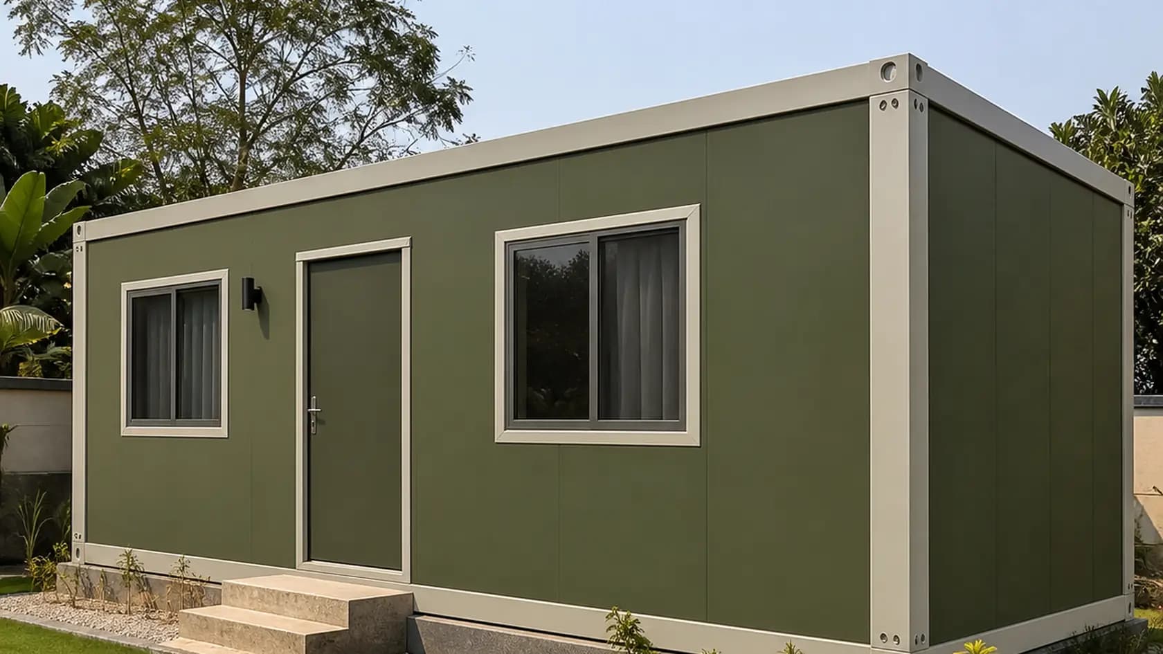Flat-pack container home 20x10 ft assembled on a residential plot with a paved approach path