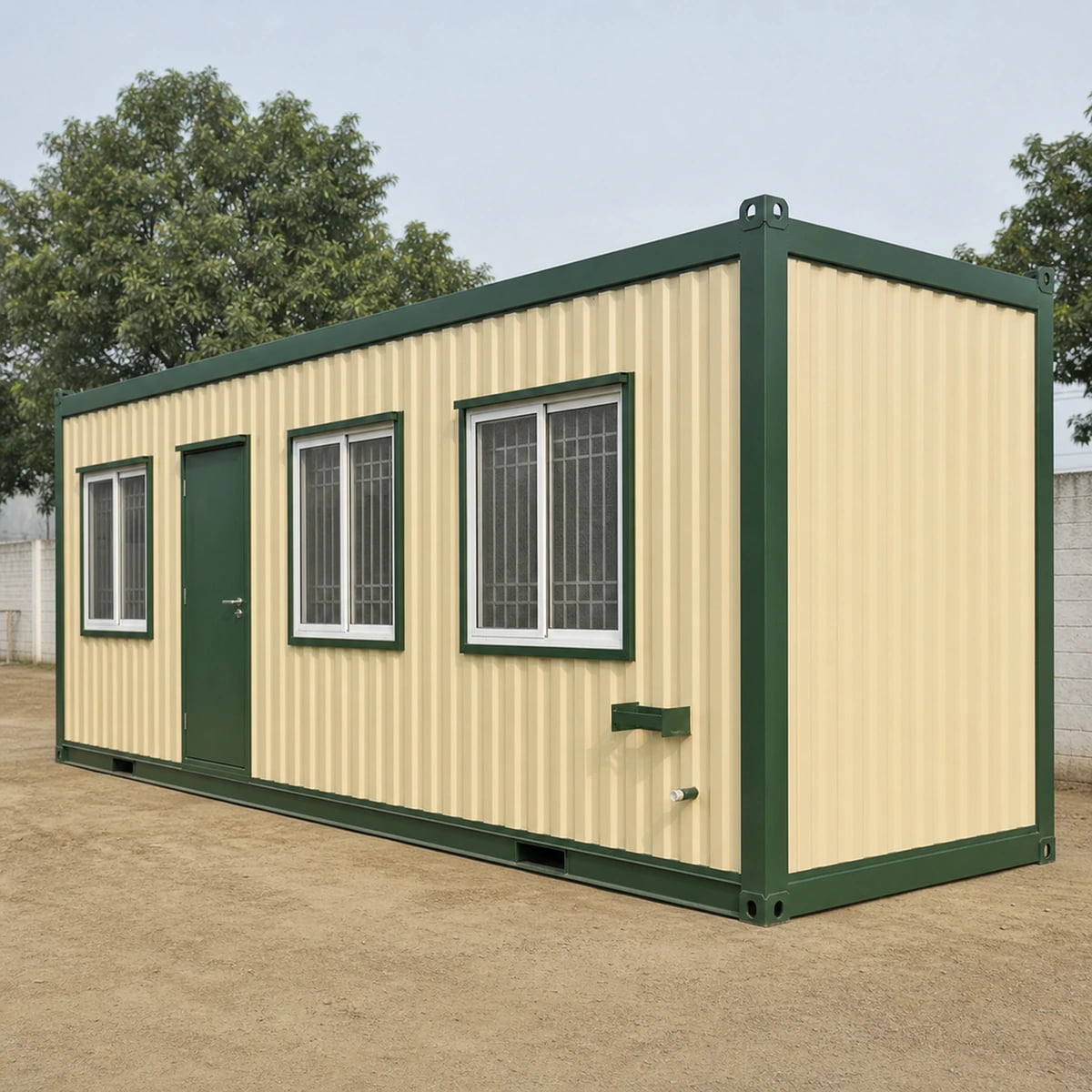Sandstone beige 20x10 ft fabricated wide-body module with forest green frame
