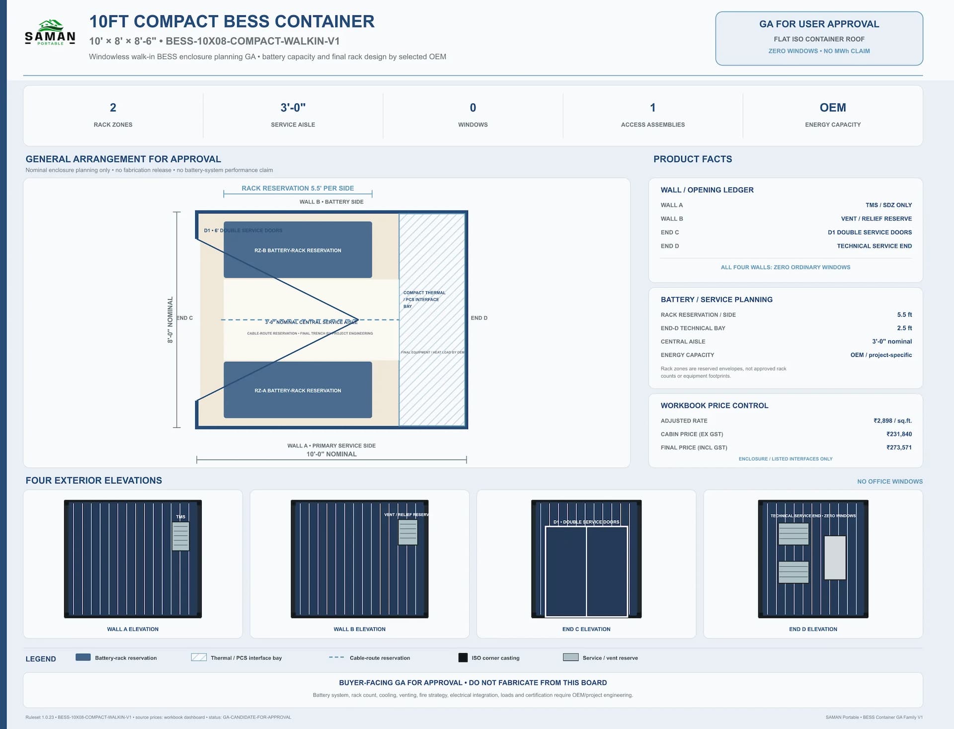 Approved GA board for the 10 ft compact BESS enclosure showing rack zones, aisle and technical bay