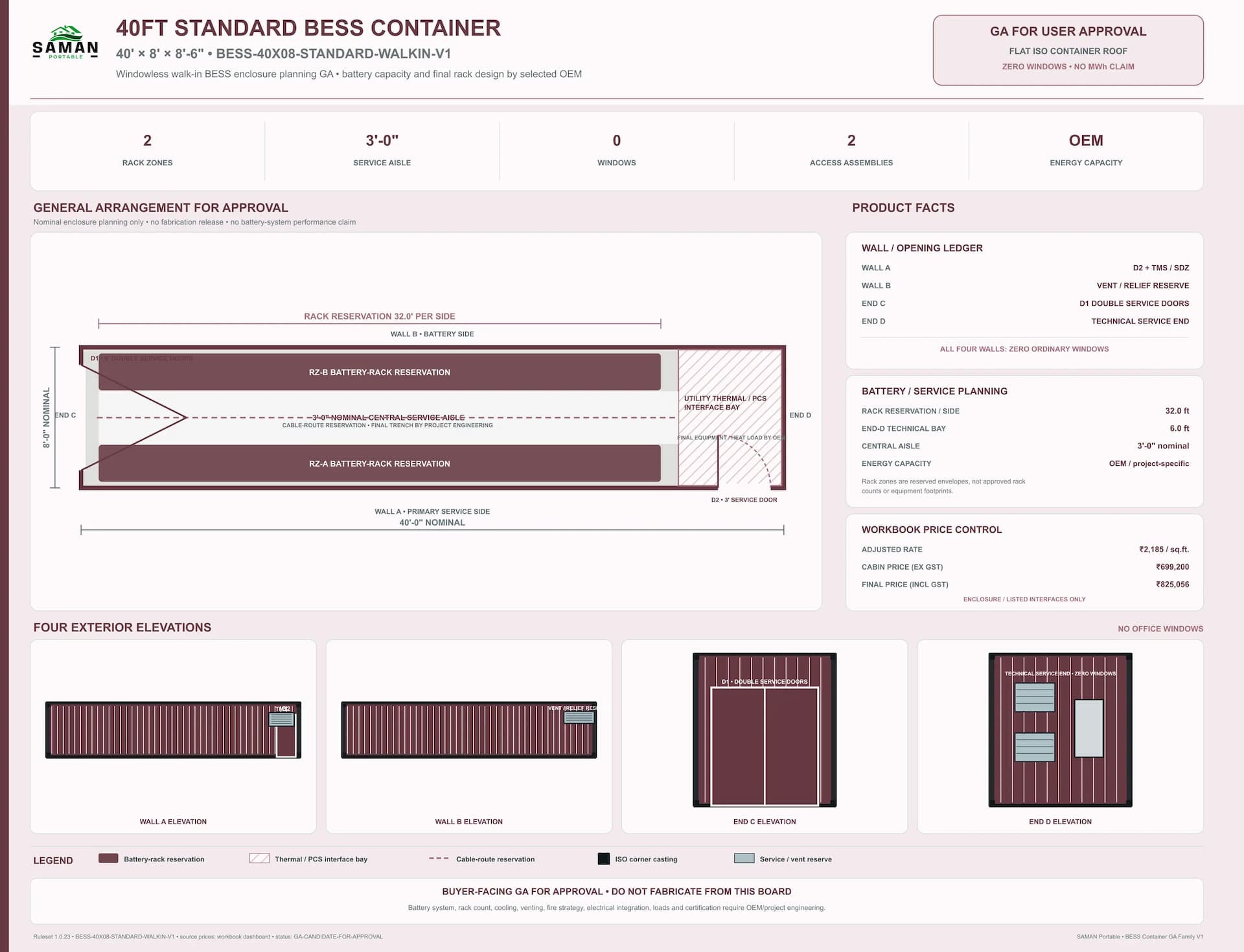 Approved GA board for the 40 ft standard BESS enclosure with 32 ft rack reservation per side