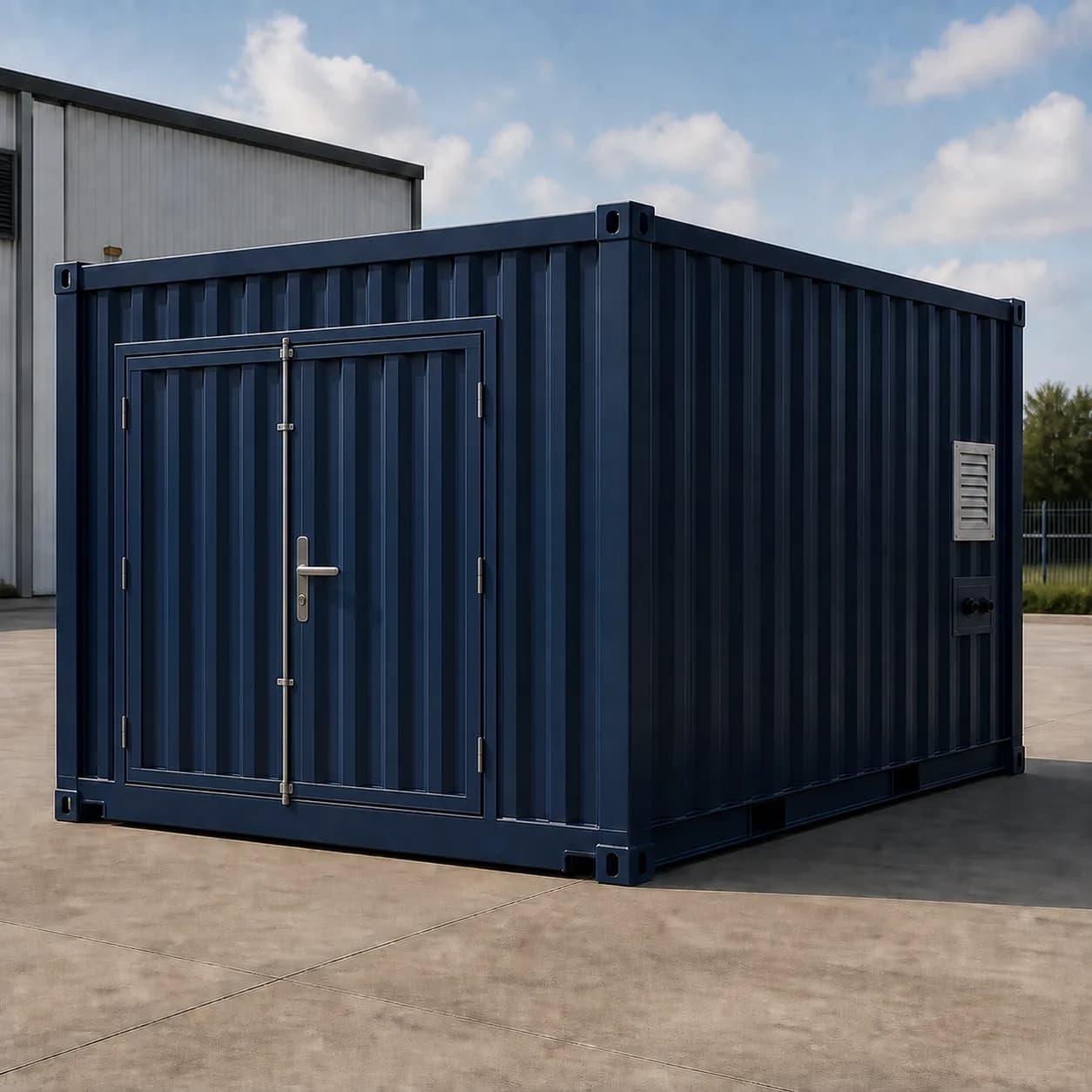 Midnight navy 10 ft BESS enclosure with centred double service doors on the end wall