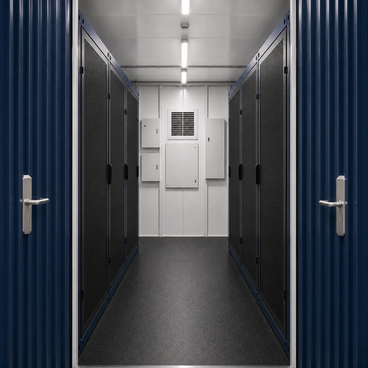 Interior aisle of a 10 ft BESS enclosure with closed equipment cabinets along both long walls