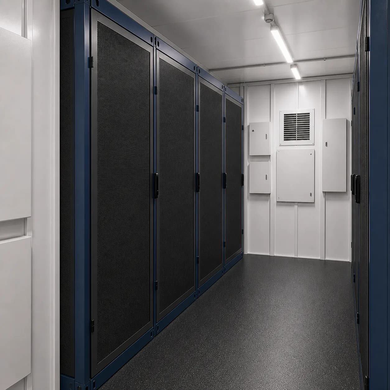 Closed equipment cabinet run beside the central service aisle inside a 10 ft BESS enclosure