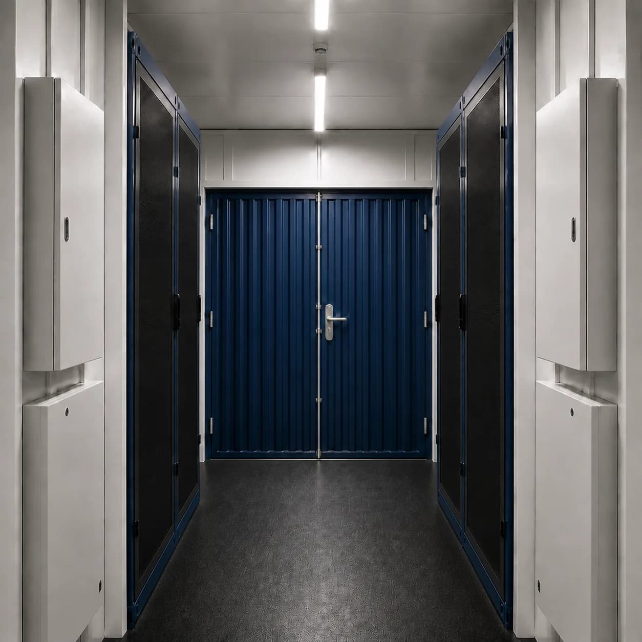 10 ft BESS enclosure interior facing the closed double end doors, cabinets each side of the aisle