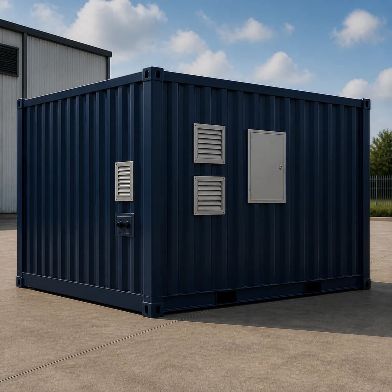 Technical service end of a midnight navy 10 ft BESS enclosure with two louvre vents and an access panel