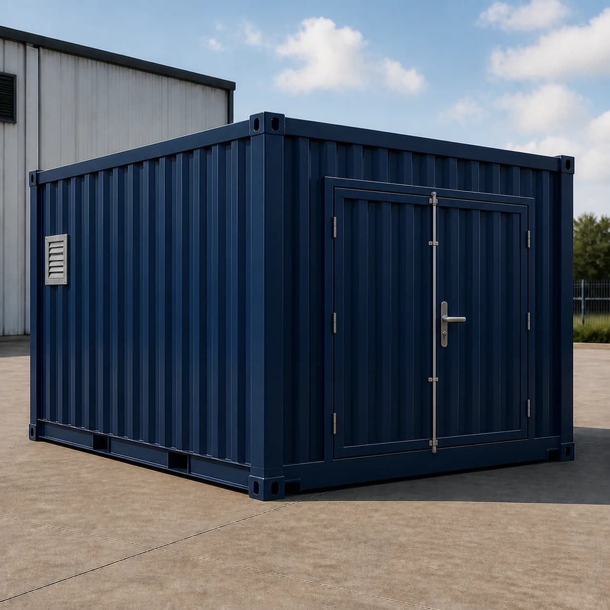 Battery side wall of a midnight navy 10 ft BESS enclosure, no doors, one louvre vent, end doors beyond