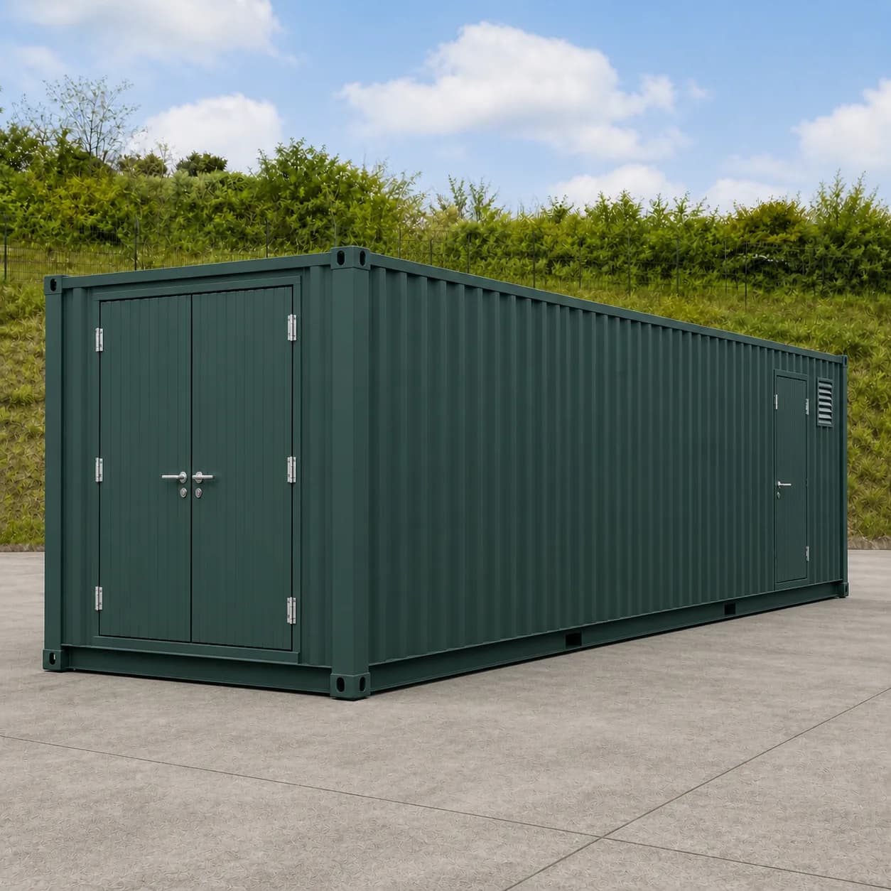 Petroleum teal 20 ft high cube BESS enclosure with centred double service doors on the end wall and a side service door