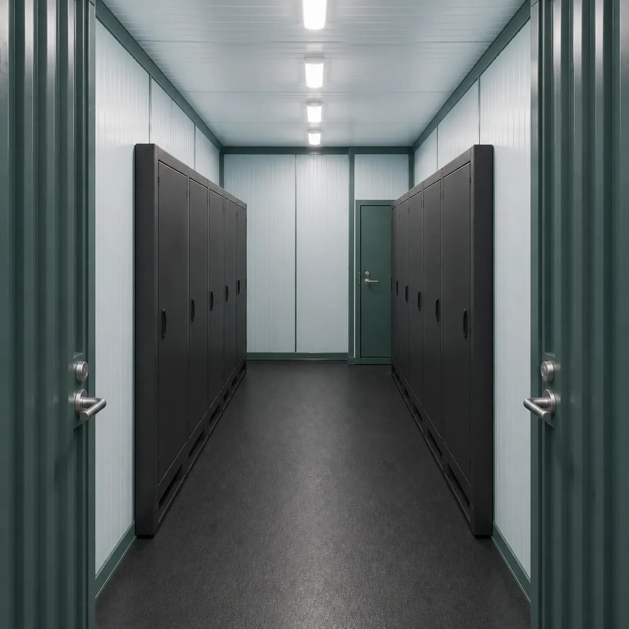Interior aisle of a 20 ft high cube BESS enclosure with closed equipment cabinets along both long walls