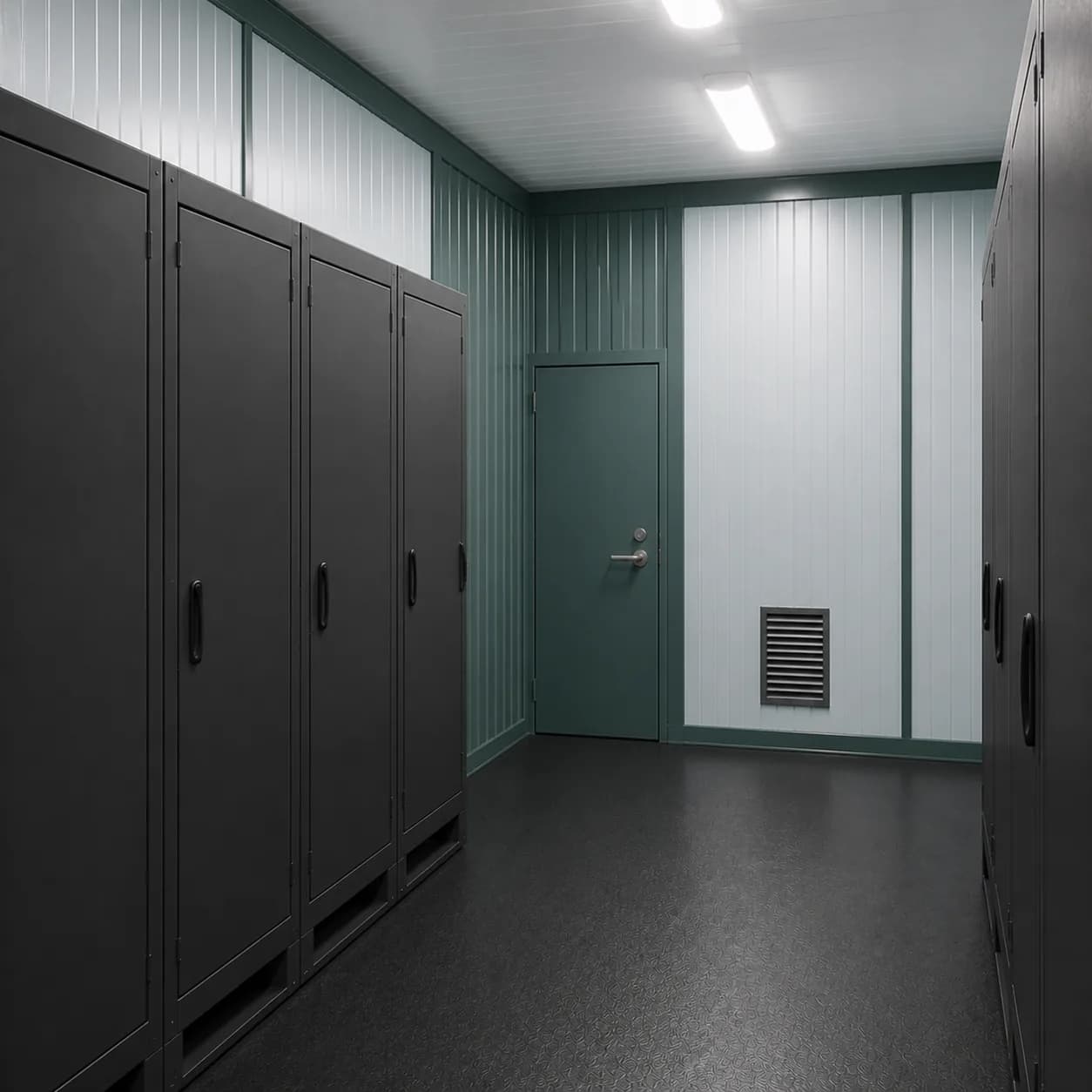 Closed equipment cabinet run beside the central service aisle inside a 20 ft high cube BESS enclosure