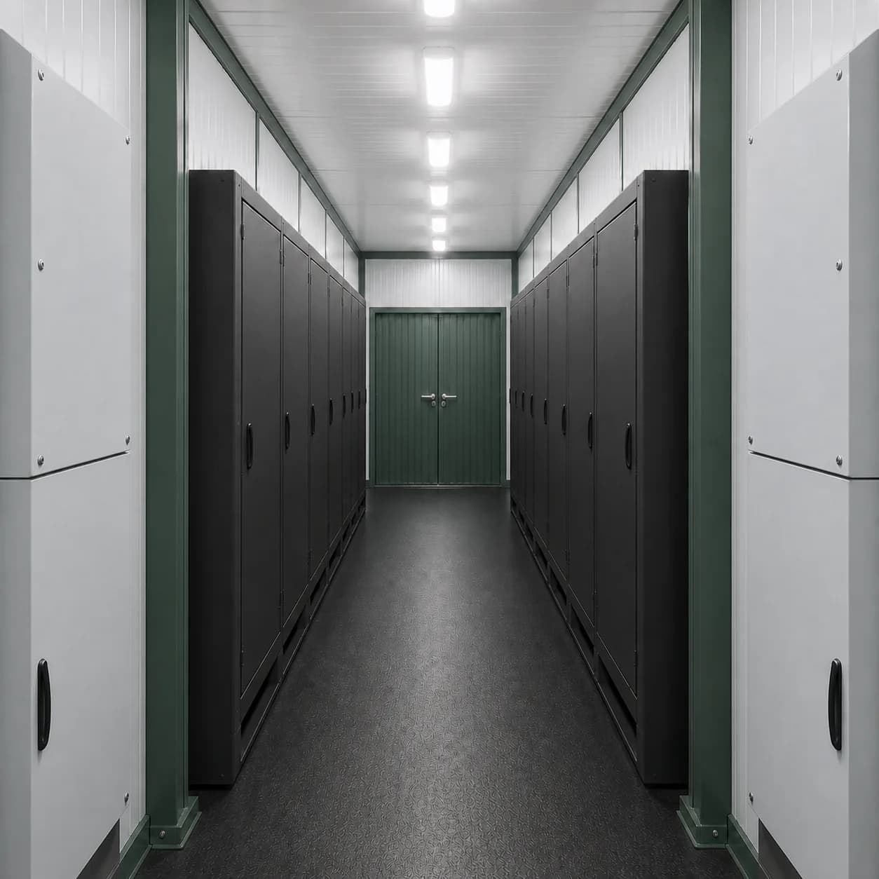 20 ft high cube BESS enclosure interior facing the closed double end doors, cabinets each side of the aisle