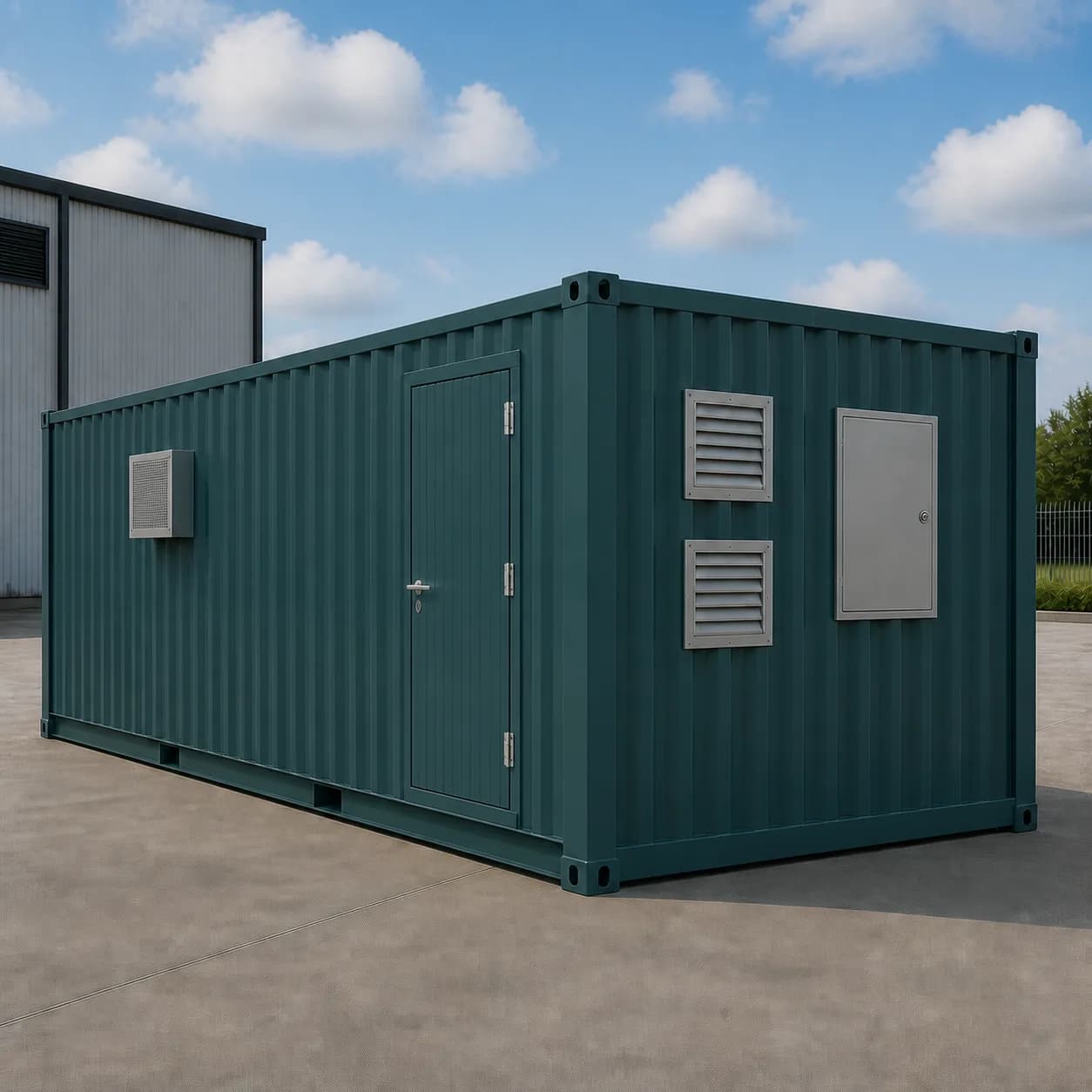 Technical service end of a petroleum teal 20 ft high cube BESS enclosure with two louvre vents and an access panel
