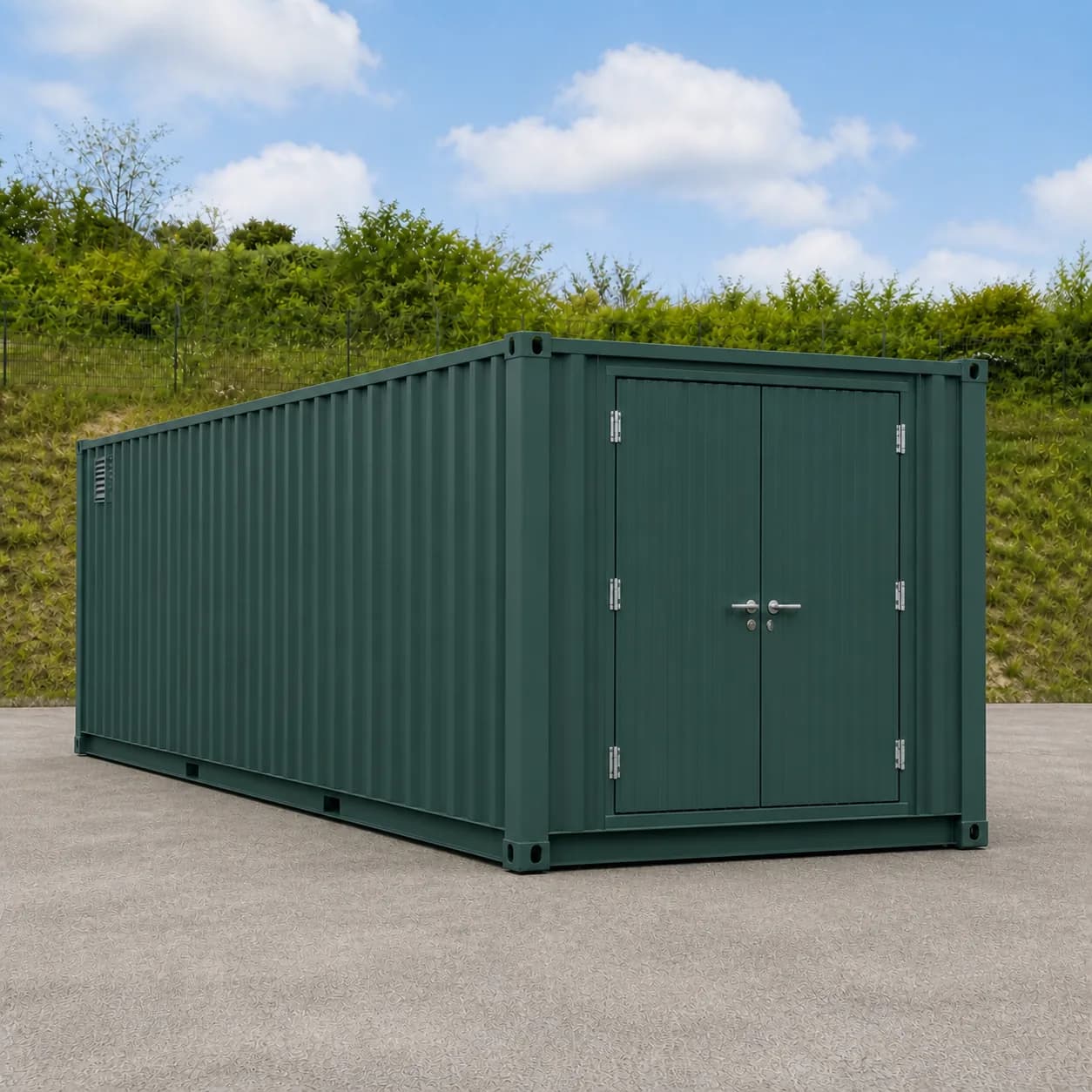 Battery side wall of a petroleum teal 20 ft high cube BESS enclosure, no doors, one louvre vent, end doors beyond