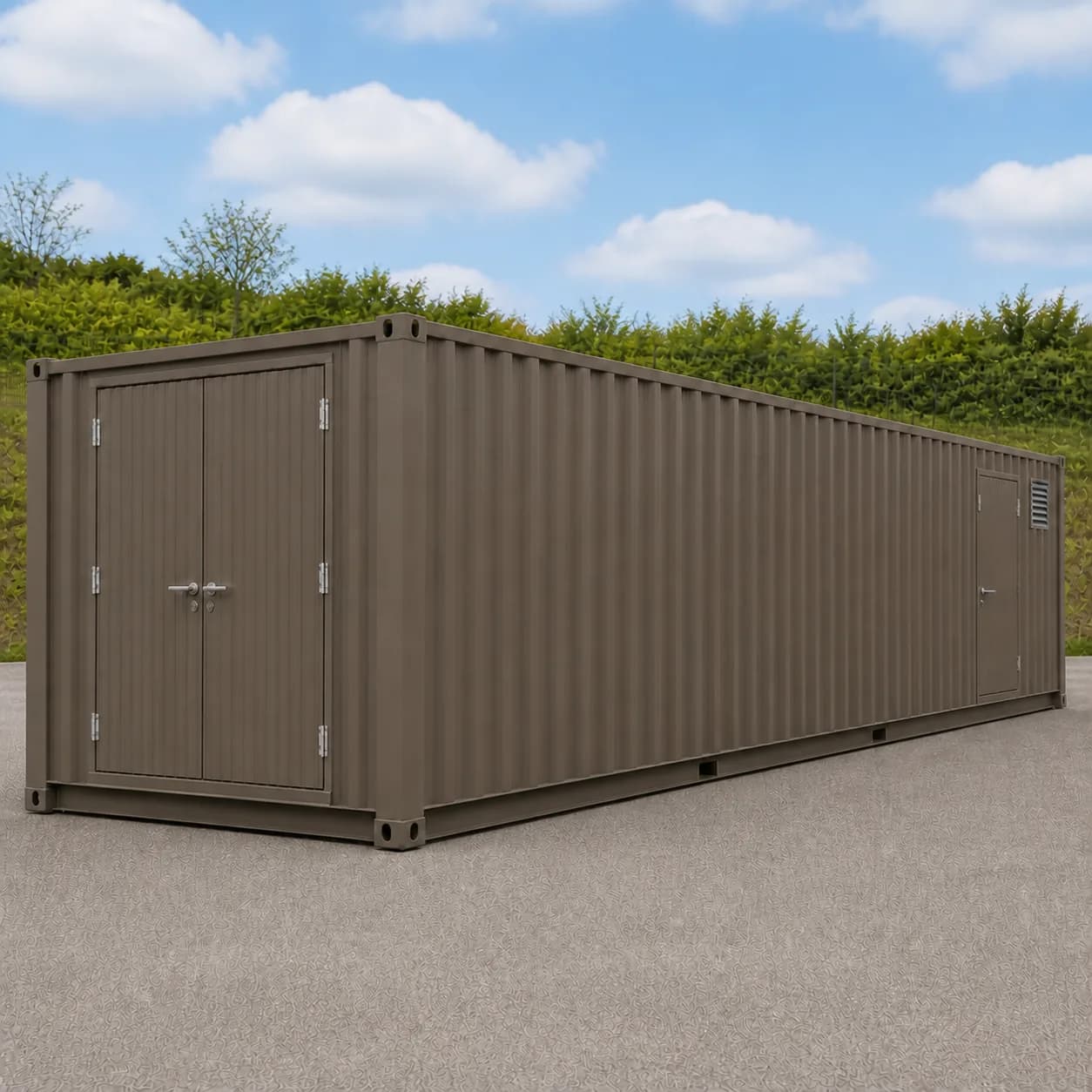 Bronze taupe 30 ft BESS enclosure with centred double service doors on the end wall and a side service door