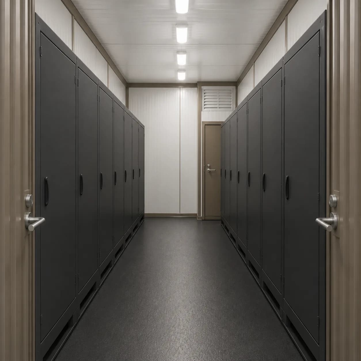 Interior aisle of a 30 ft BESS enclosure with closed equipment cabinets along both long walls