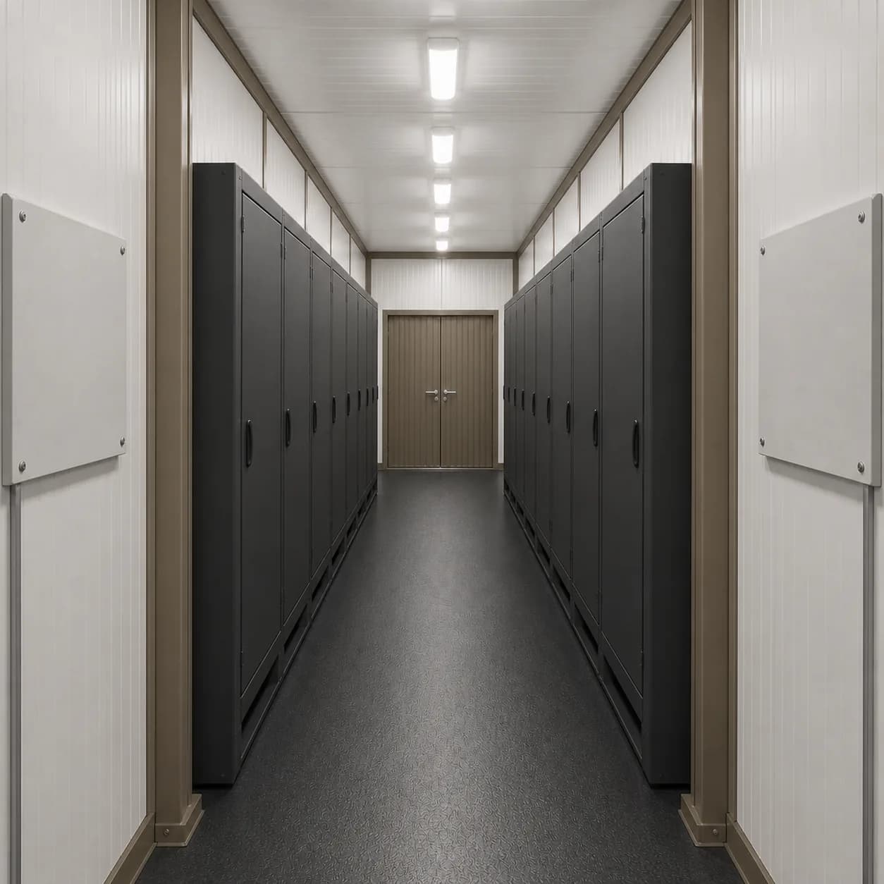 30 ft BESS enclosure interior facing the closed double end doors, cabinets each side of the aisle