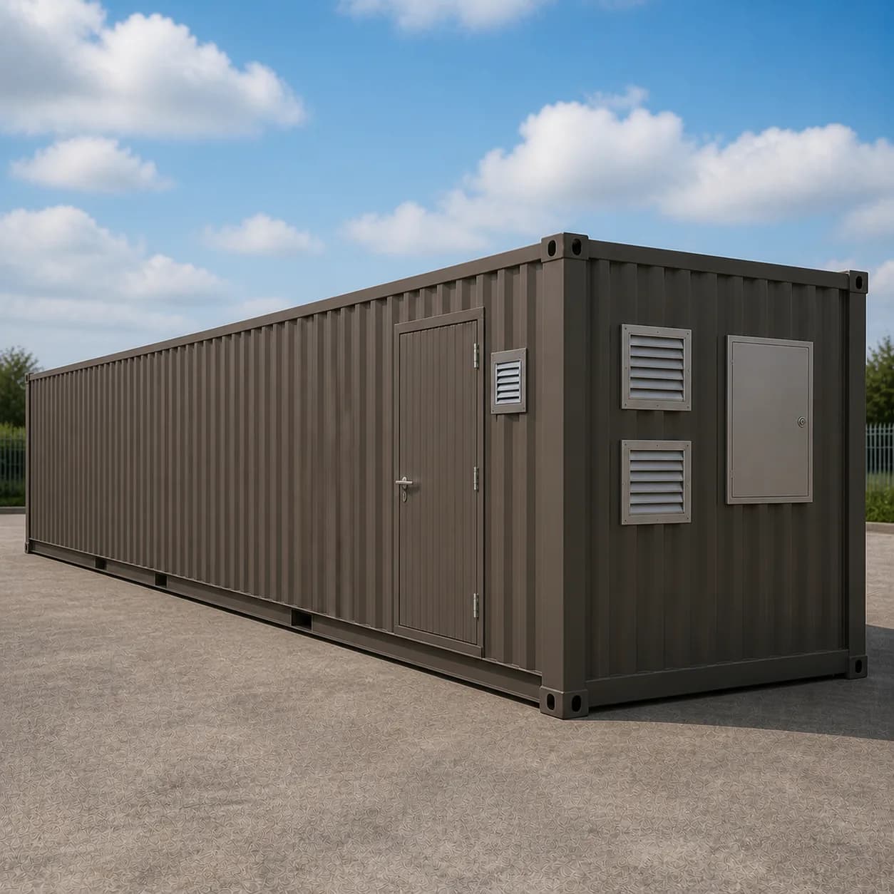 Technical service end of a bronze taupe 30 ft BESS enclosure with two louvre vents and an access panel