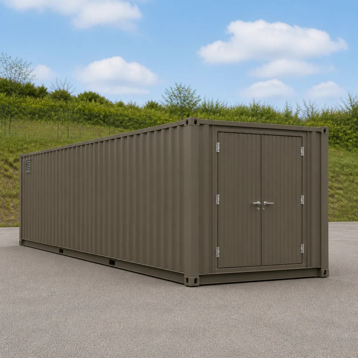 Battery side wall of a bronze taupe 30 ft BESS enclosure, no doors, one louvre vent, end doors beyond