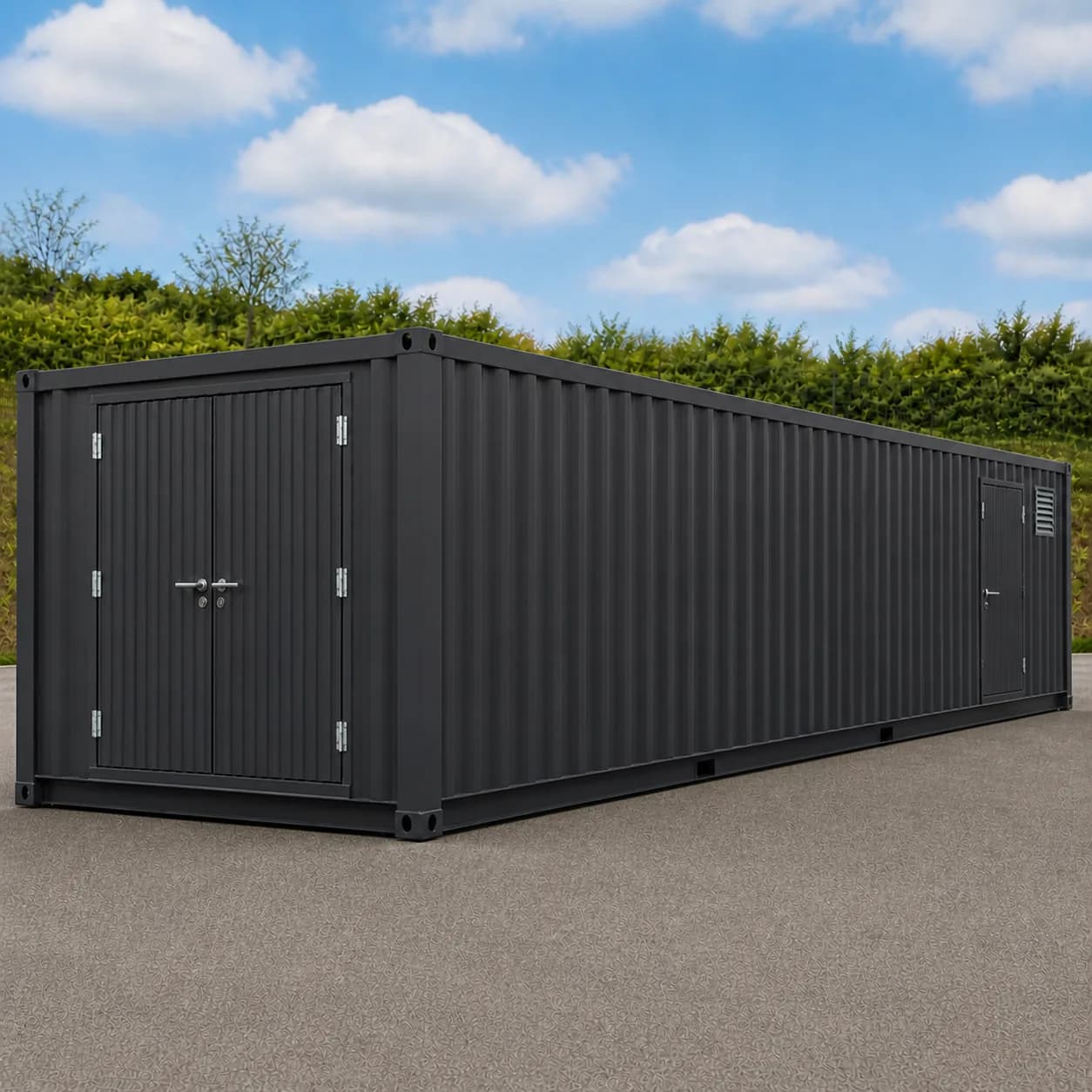 Graphite charcoal 40 ft high cube BESS enclosure with centred double service doors on the end wall and a side service door