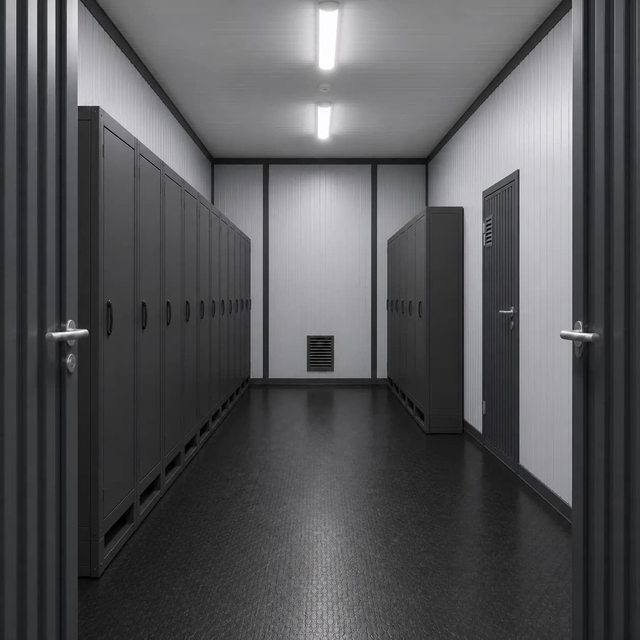 Interior aisle of a 40 ft high cube BESS enclosure with closed equipment cabinets along both long walls