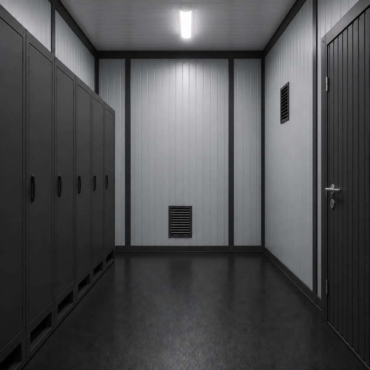 Closed equipment cabinet run beside the central service aisle inside a 40 ft high cube BESS enclosure