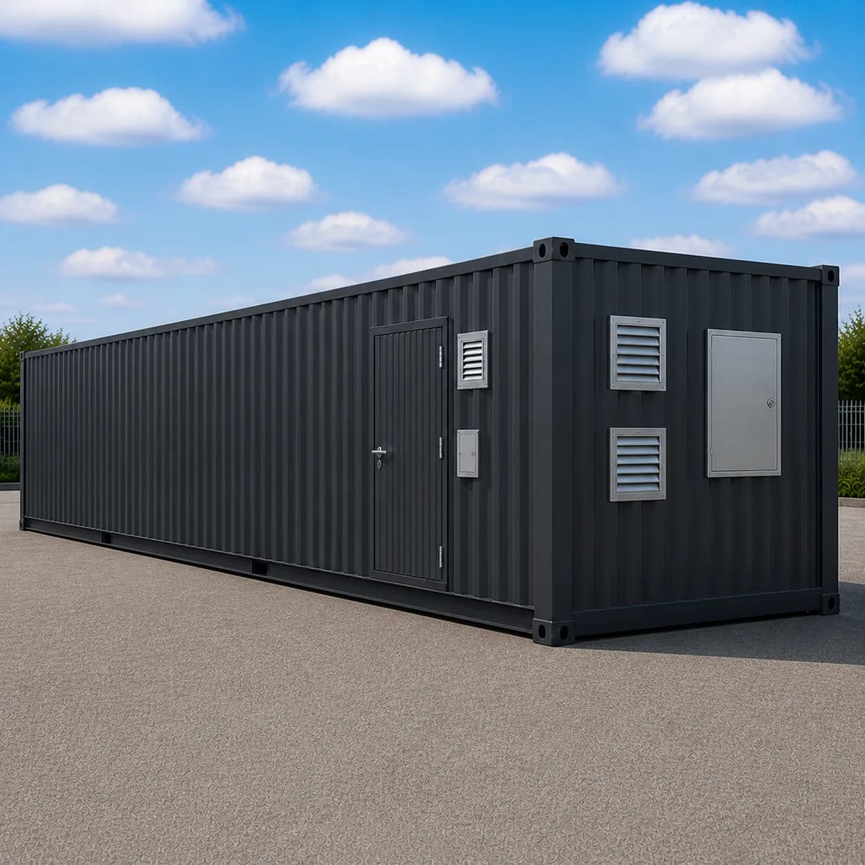 Technical service end of a graphite charcoal 40 ft high cube BESS enclosure with two louvre vents and an access panel