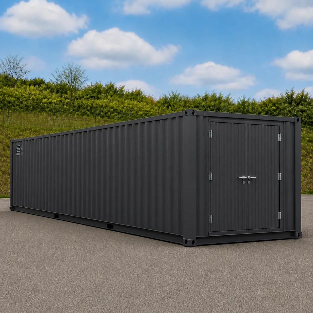 Battery side wall of a graphite charcoal 40 ft high cube BESS enclosure, no doors, one louvre vent, end doors beyond