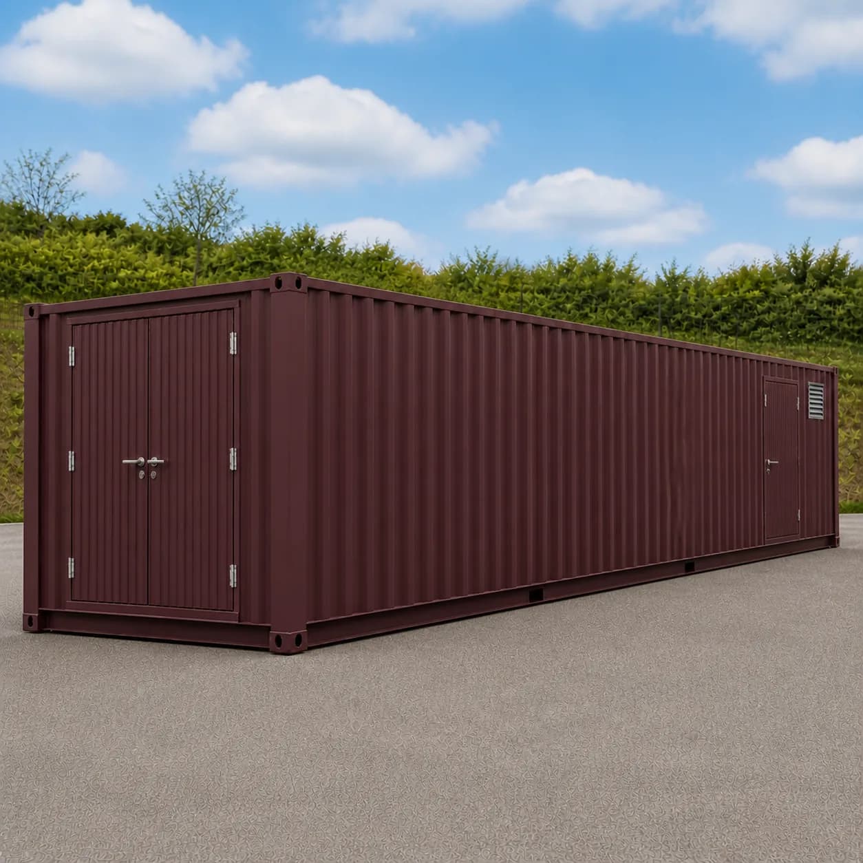 Deep burgundy 40 ft BESS enclosure with centred double service doors on the end wall and a side service door