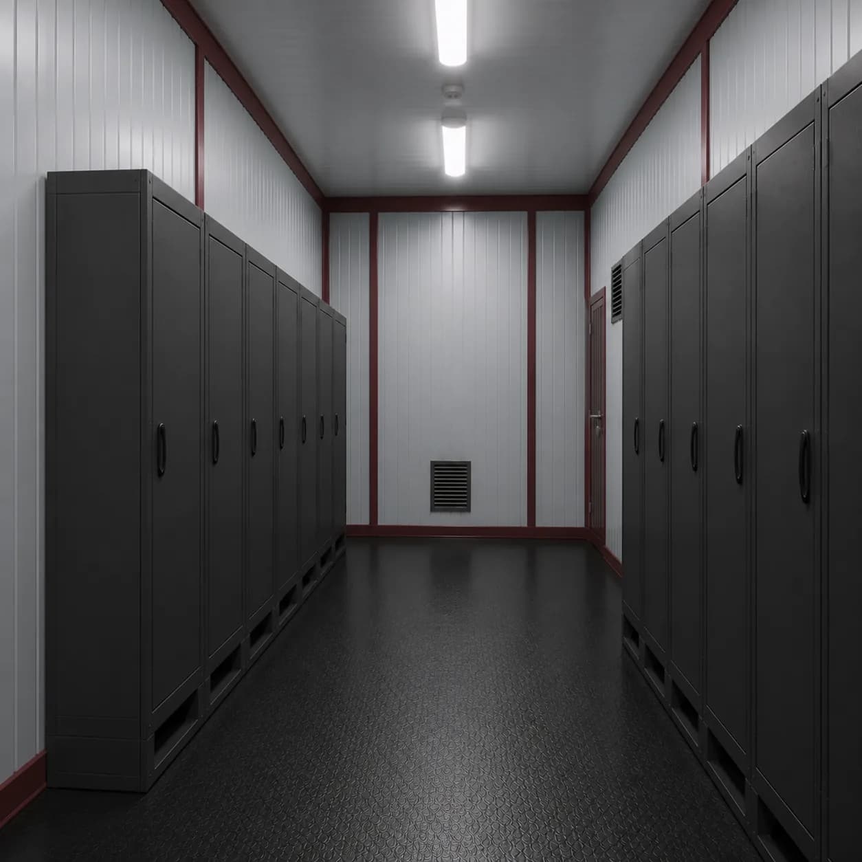 Closed equipment cabinet run beside the central service aisle inside a 40 ft BESS enclosure