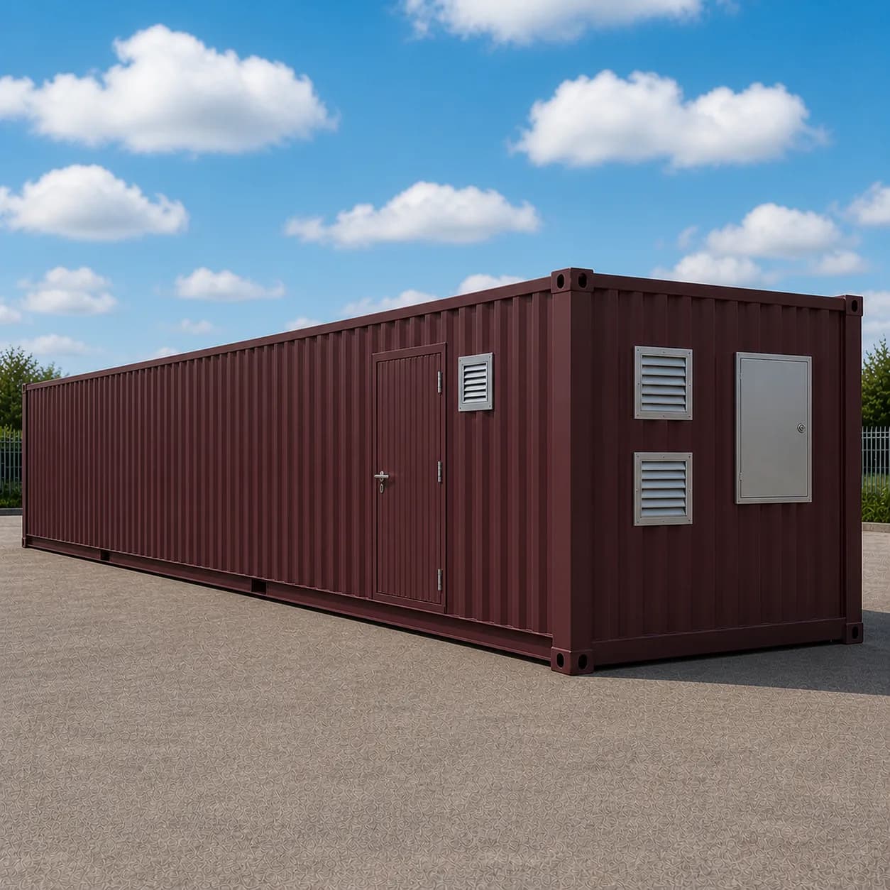 Technical service end of a deep burgundy 40 ft BESS enclosure with two louvre vents and an access panel