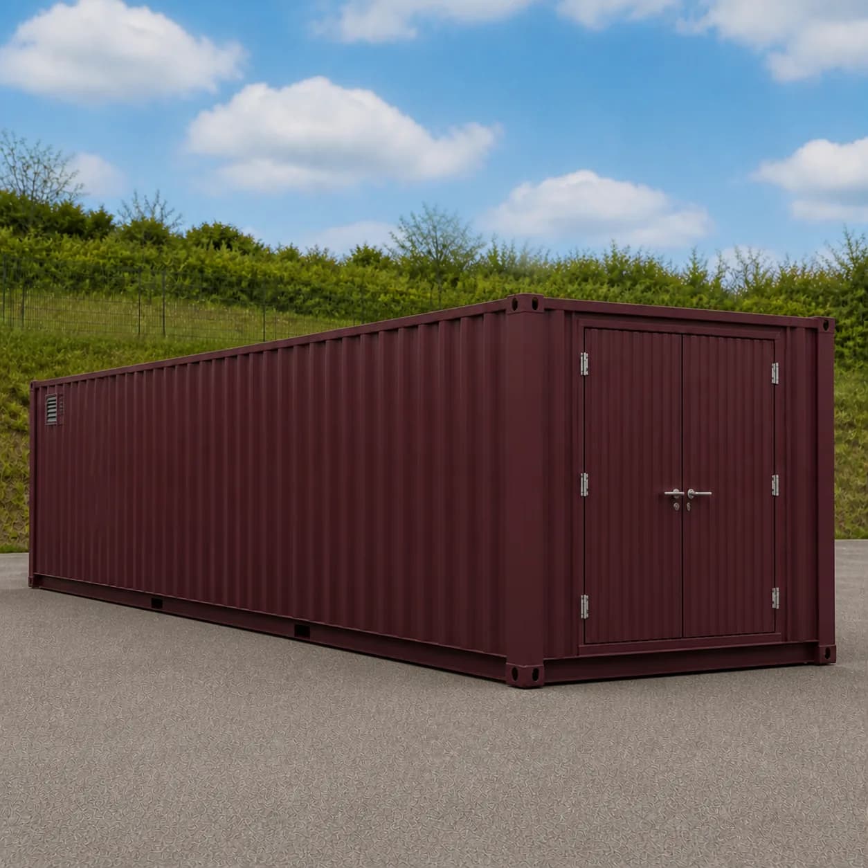 Battery side wall of a deep burgundy 40 ft BESS enclosure, no doors, one louvre vent, end doors beyond