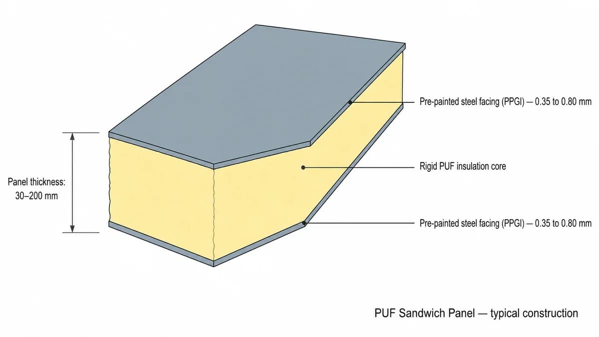 PUF panel construction, three-layer cross-section PUF sandwich panel cross-section diagram showing steel facing, PUF insulation core and 30–200 mm thickness range