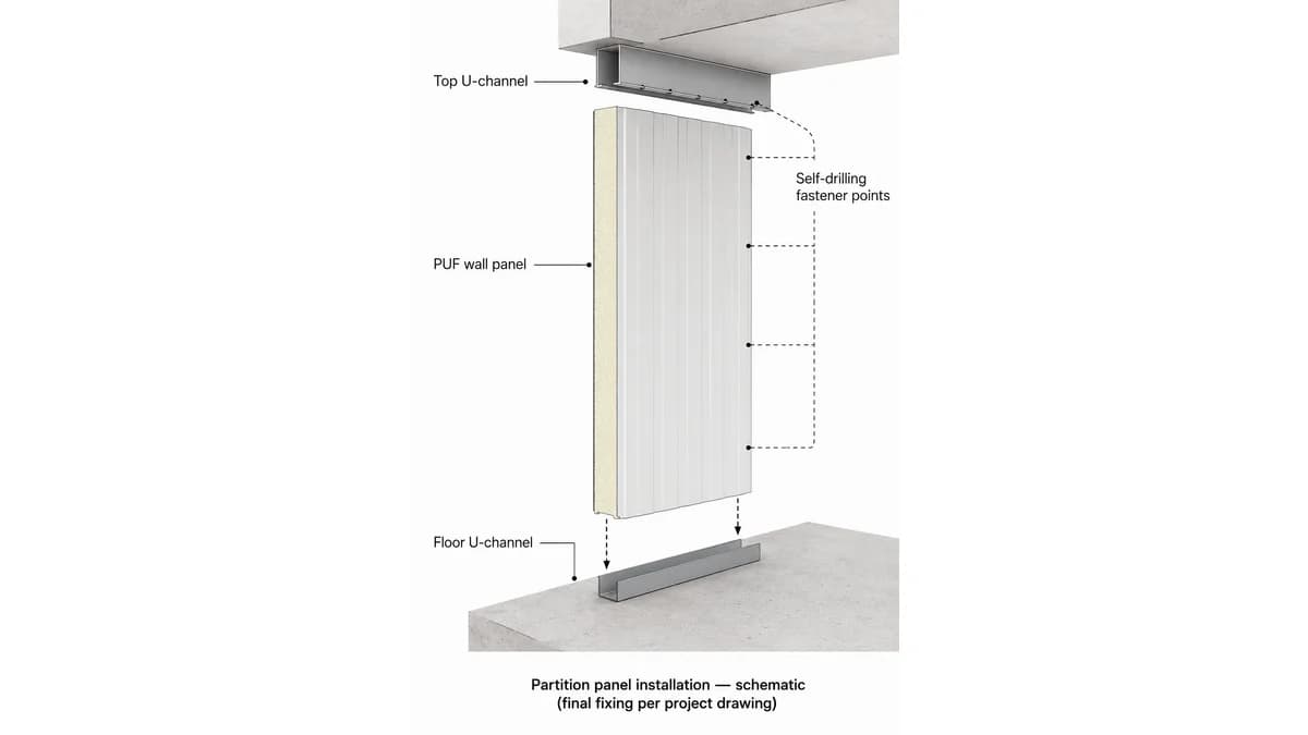 PUF partition panel installation schematic PUF wall panel installation diagram showing panel fixing into floor and top U-channels