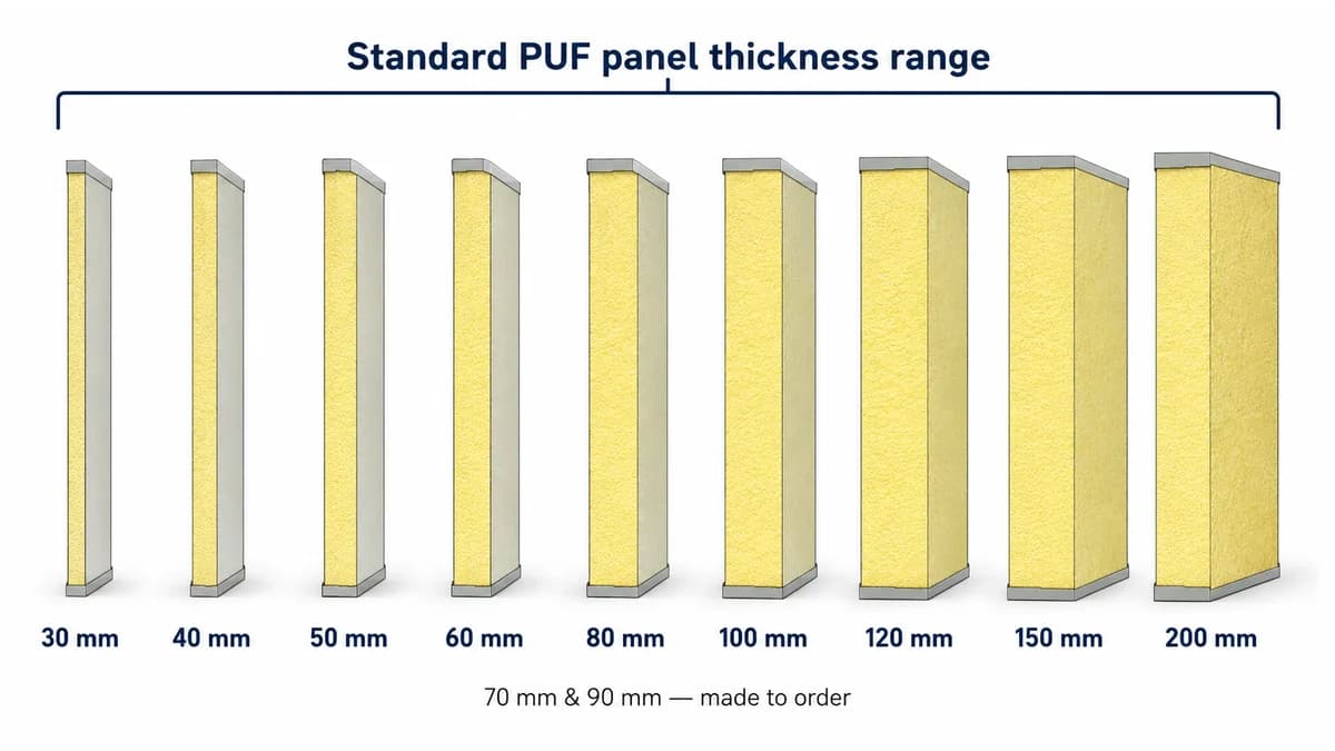 Standard PUF panel thickness range 30–200 mm PUF panel standard thickness comparison diagram from 30 mm to 200 mm with 70 mm and 90 mm made to order