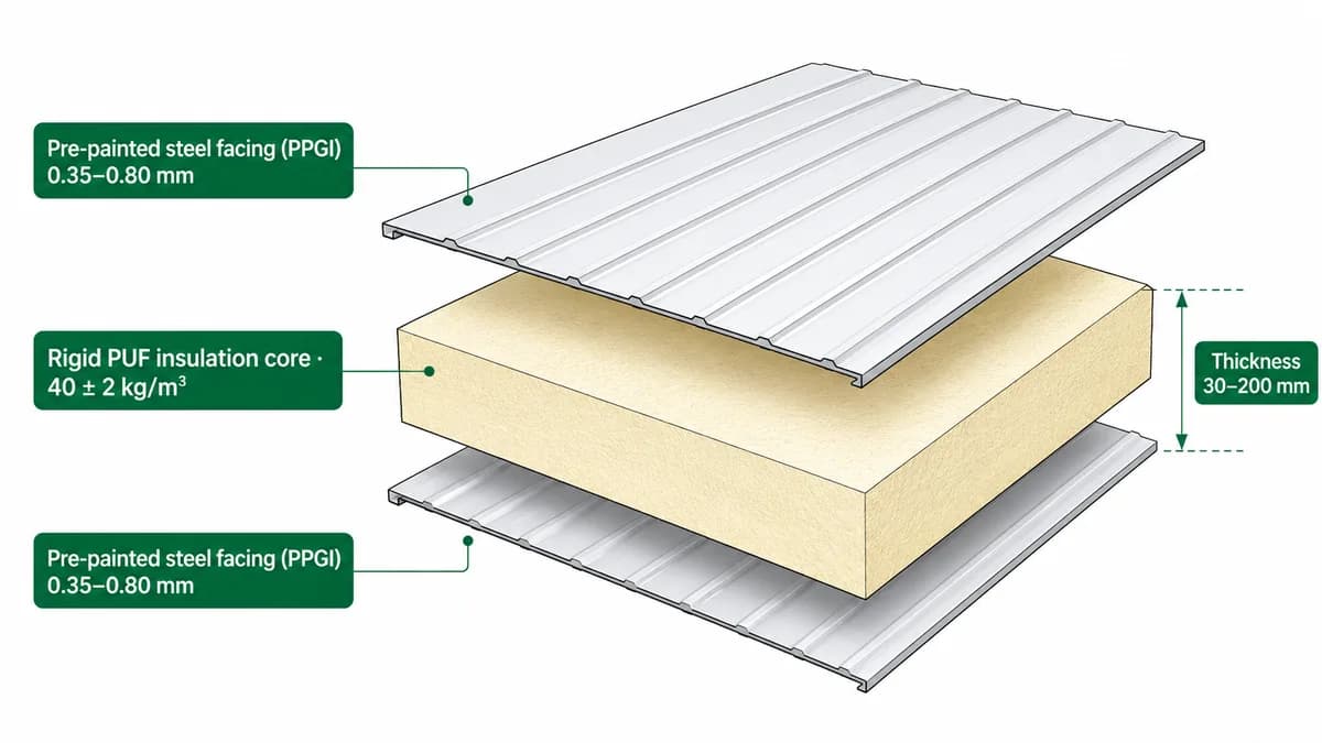 PUF panel cross-section diagram Technical diagram of a PUF panel cross-section showing PPGI facings and the PUF core