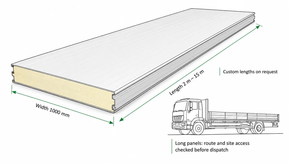 PUF panel size and transport diagram Technical diagram of PUF panel size and transport dimensions