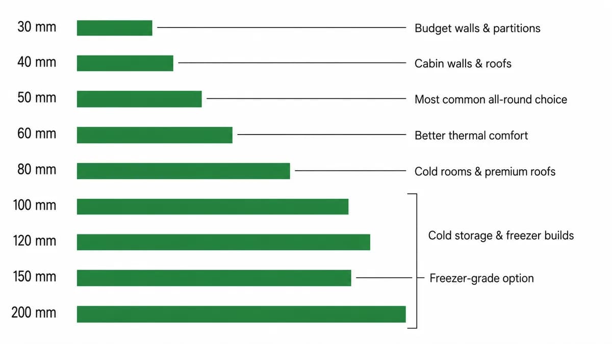 PUF panel thickness chart Technical chart of PUF panel thickness options from 30 to 200 mm