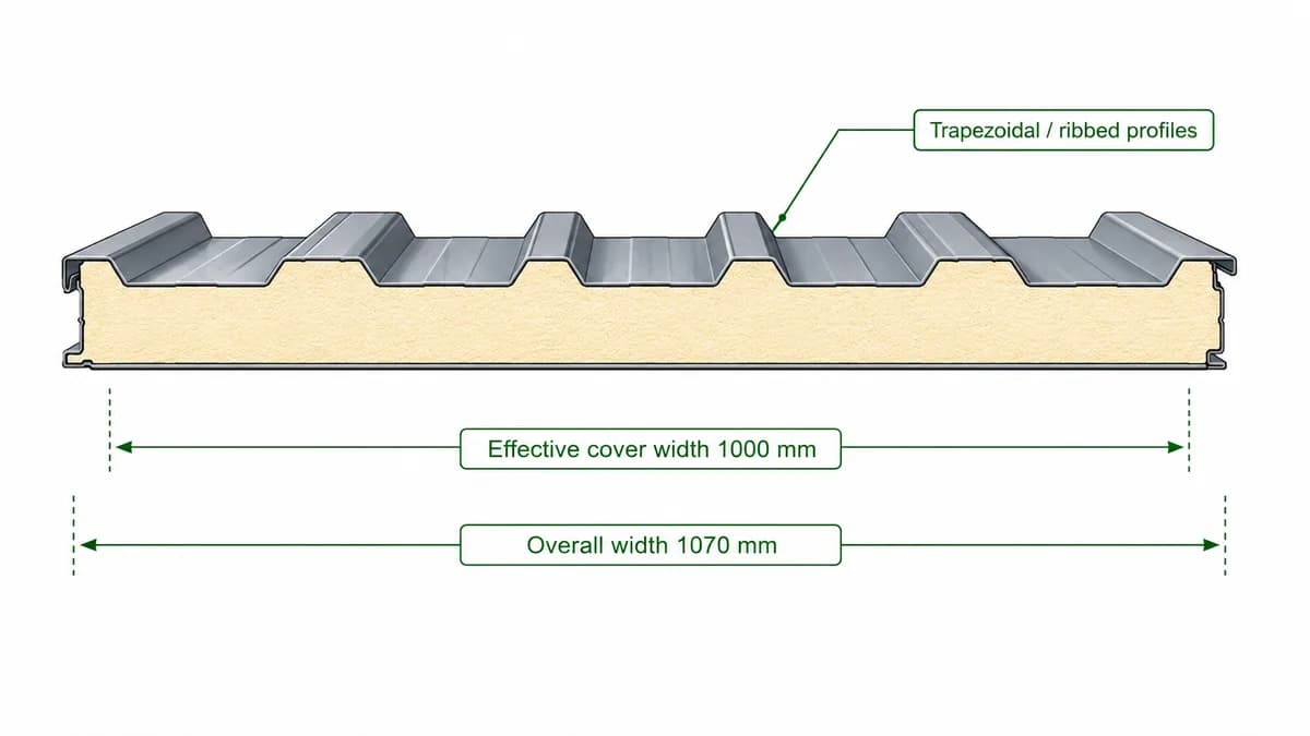PUF roof panel profile diagram Technical diagram of the PUF roof panel trapezoidal and ribbed profile