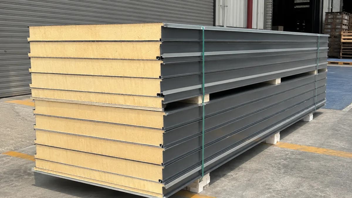 PUF panel dispatch bundle, ready for freight Smoke-grey 80 mm PUF panels bundled and ready for dispatch from the nearer SAMAN factory