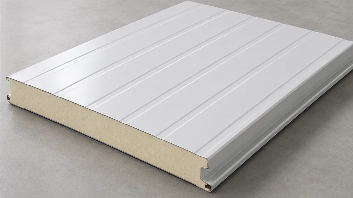 40 mm PUF panel, studio shot Grey 40 mm PUF panel studio shot showing the facing and core layers